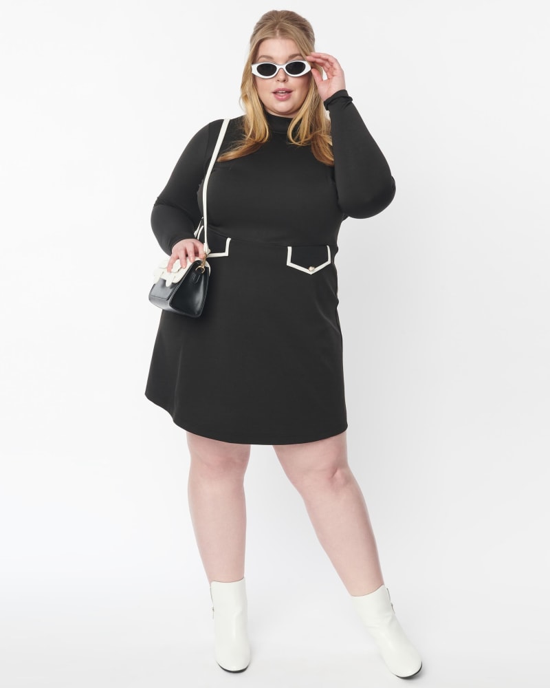 Front of a model wearing a size 1X Smak Parlour Black Mock Turtleneck Fit & Flare Dress in Black by Smak Parlour. | dia_product_style_image_id:286924